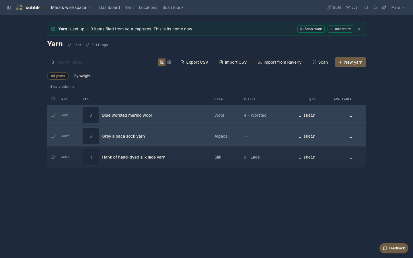The Yarn tracker, set up and populated from the captures