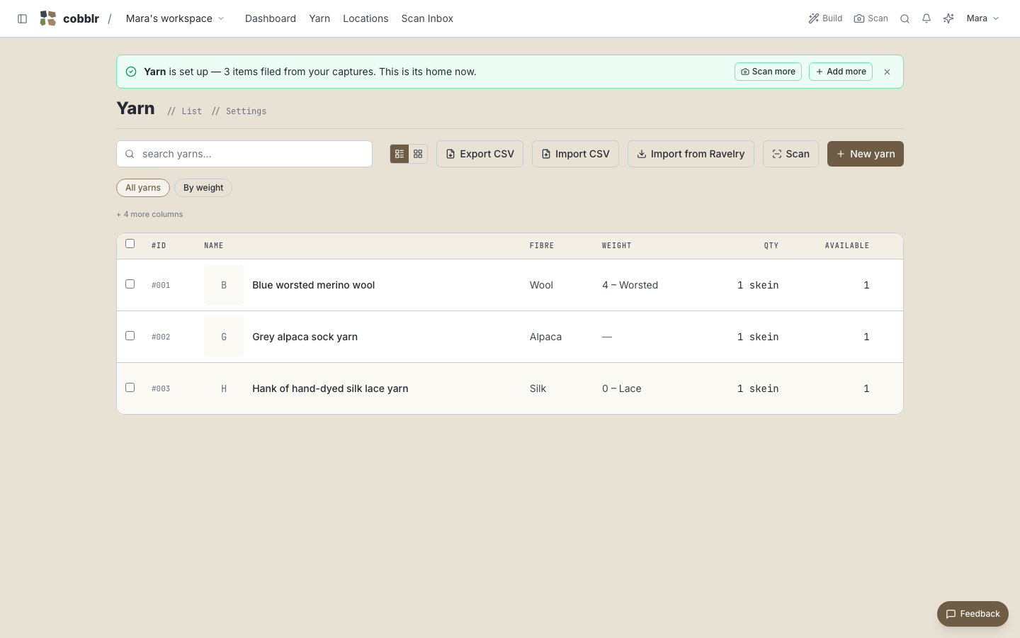 The Yarn tracker, set up and populated from the captures