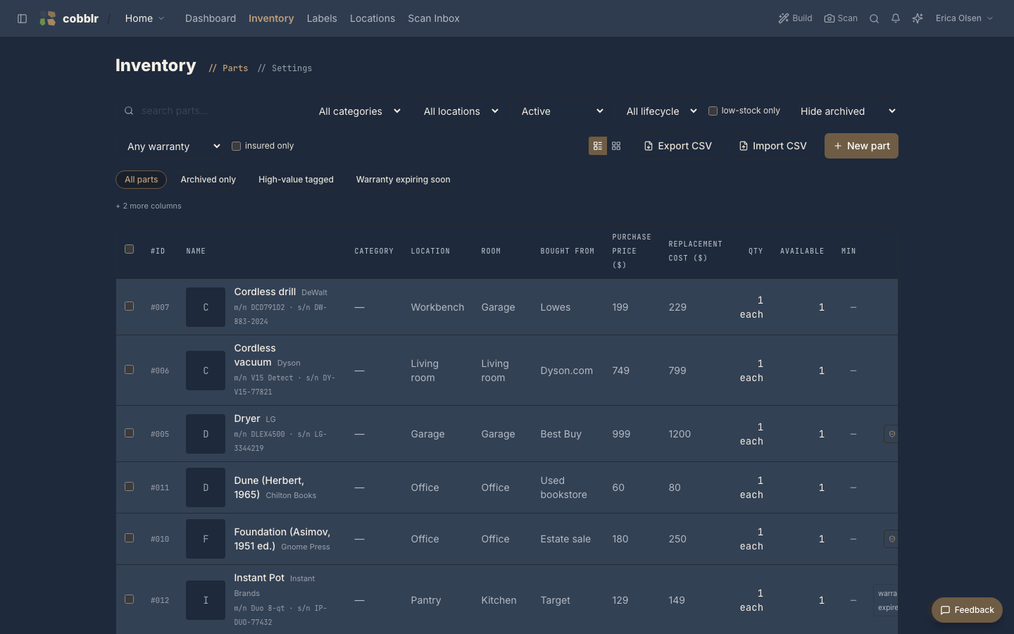 The parts list, each with a quantity and a location