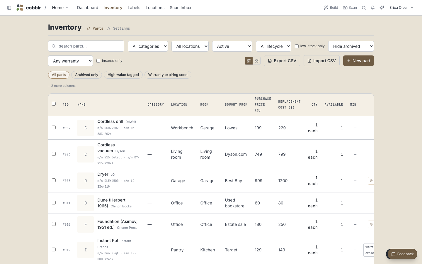 The parts list, each with a quantity and a location