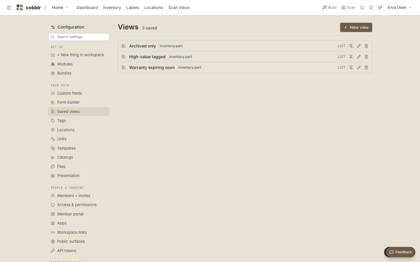 Saved views, each a tuned lens on the same parts